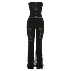 Lace up lace patchwork low rise tube pant set