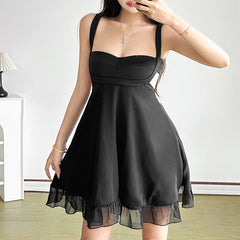 Zip-up v neck button backless cami mini dress