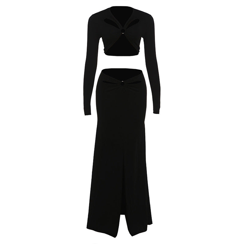 Hollow out long sleeve o ring slit maxi skirt set