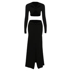 Hollow out long sleeve o ring slit maxi skirt set