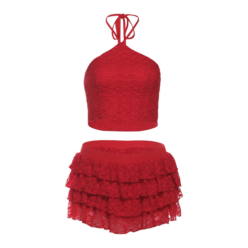 Halter self tie lace ruffle mini skirt set