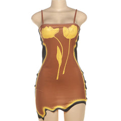 Square neck flower pattern irregular cami mini dress