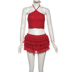 Halter self tie lace ruffle mini skirt set