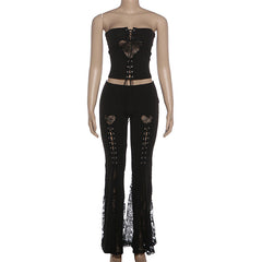Lace up lace patchwork low rise tube pant set