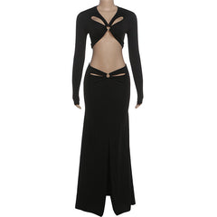 Hollow out long sleeve o ring slit maxi skirt set