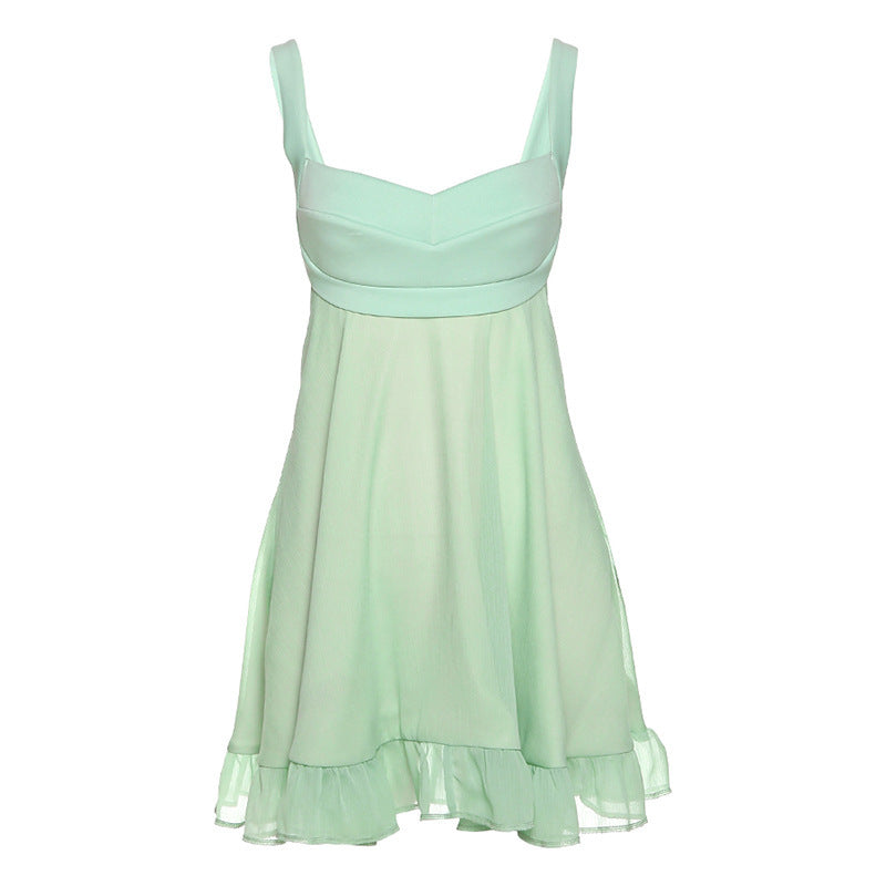 Zip-up v neck button backless cami mini dress