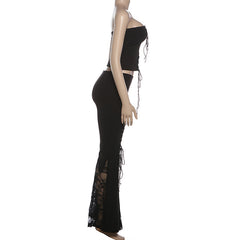 Lace up lace patchwork low rise tube pant set