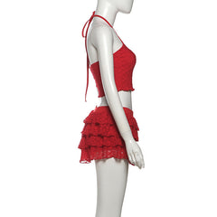 Halter self tie lace ruffle mini skirt set