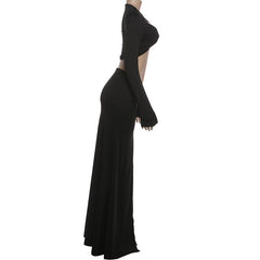 Hollow out long sleeve o ring slit maxi skirt set
