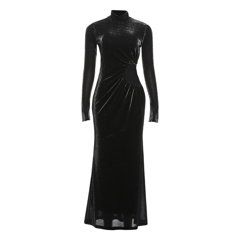 Ruched hollow out long sleeve high neck cut out maxi dress