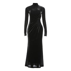 Ruched hollow out long sleeve high neck cut out maxi dress