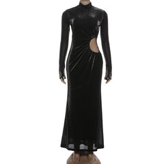 Ruched hollow out long sleeve high neck cut out maxi dress