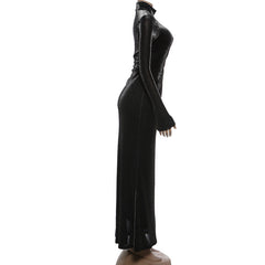 Ruched hollow out long sleeve high neck cut out maxi dress