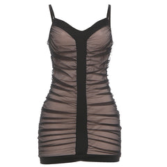 Ruched mesh v neck backless cami mini dress