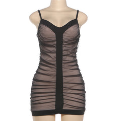 Ruched mesh v neck backless cami mini dress