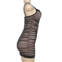 Ruched mesh v neck backless cami mini dress