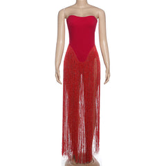 Tassels button backless solid tube bodysuit