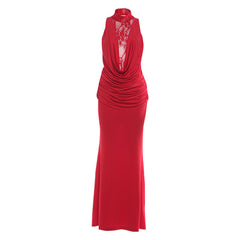 Ruched high neck crewneck lace solid maxi dress