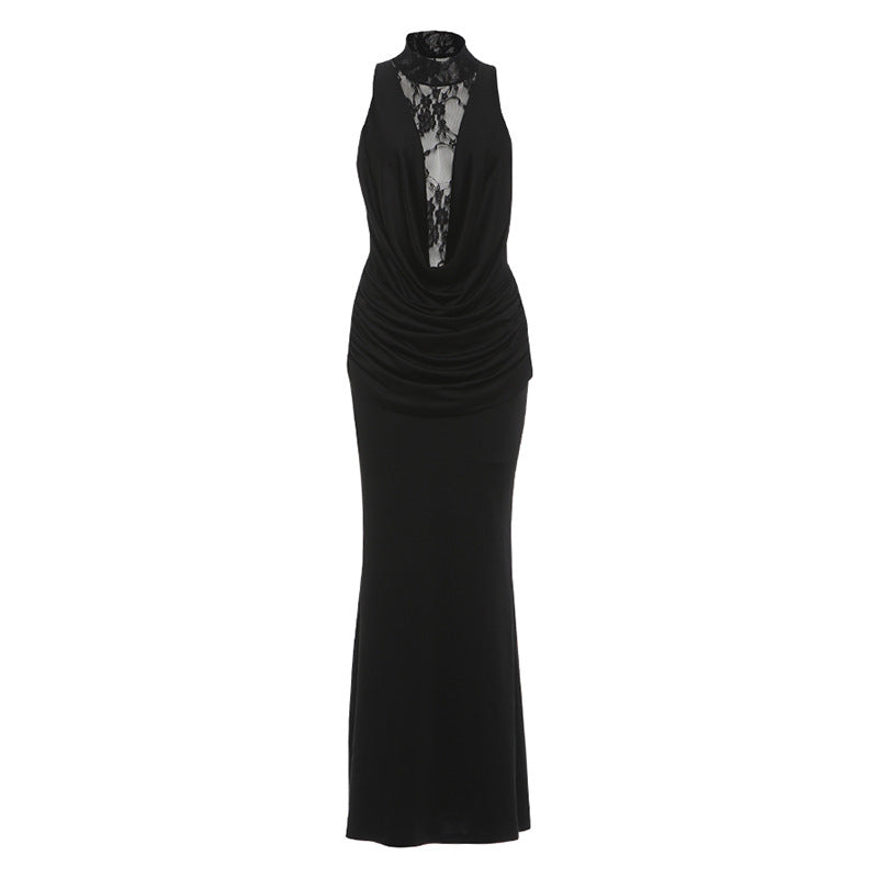 Ruched high neck crewneck lace solid maxi dress