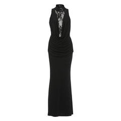 Ruched high neck crewneck lace solid maxi dress