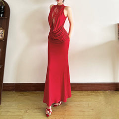 Ruched high neck crewneck lace solid maxi dress