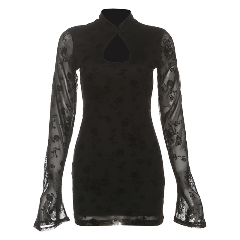 Long flared sleeve hollow out flower print cut out mini dress