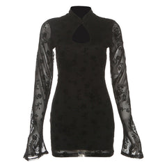 Long flared sleeve hollow out flower print cut out mini dress