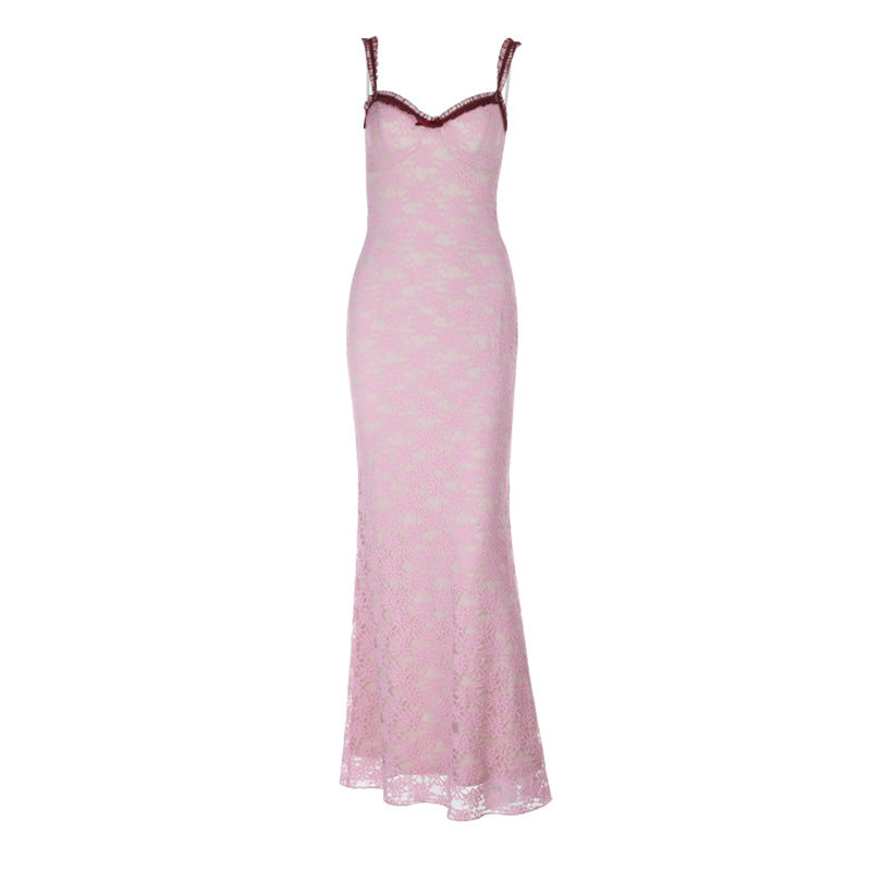 Bowknot lace ruffle v neck cami maxi dress