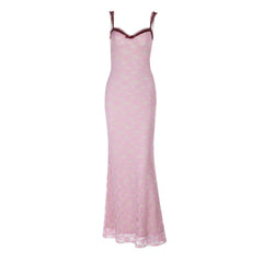 Bowknot lace ruffle v neck cami maxi dress