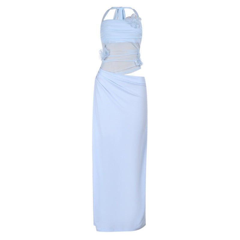 Self tie halter flower applique mesh hollow out cut out maxi dress