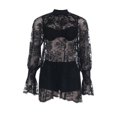 Long sleeve lace see through crewneck pant set