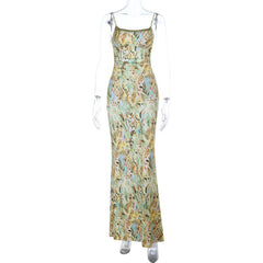 Glitter square neck print self tie cami maxi dress
