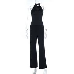 Halter backless solid button pant set