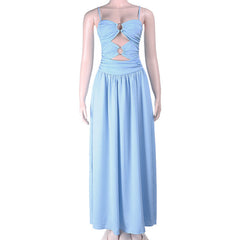 O ring hollow out ruched backless cami cut out maxi dress