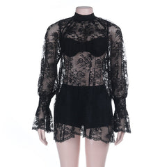 Long sleeve lace see through crewneck pant set