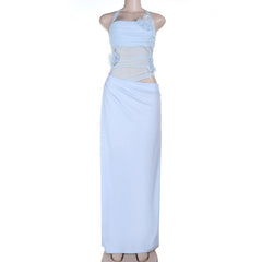 Self tie halter flower applique mesh hollow out cut out maxi dress