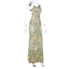 Glitter square neck print self tie cami maxi dress