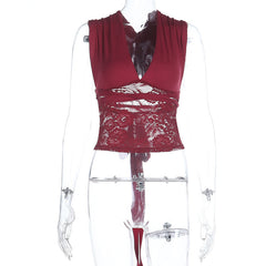 V neck lace patchwork self tie solid top