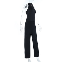 Halter backless solid button pant set