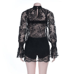 Long sleeve lace see through crewneck pant set