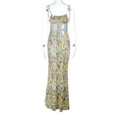 Glitter square neck print self tie cami maxi dress