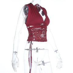 V neck lace patchwork self tie solid top