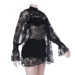 Long sleeve lace see through crewneck pant set