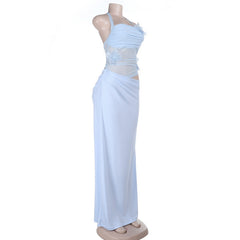 Self tie halter flower applique mesh hollow out cut out maxi dress