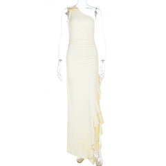 Irregular one shoulder slit ruffle ruched maxi dress