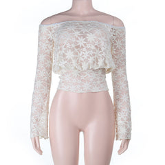 Long sleeve lace off shoulder solid top