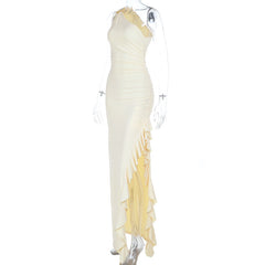 Irregular one shoulder slit ruffle ruched maxi dress