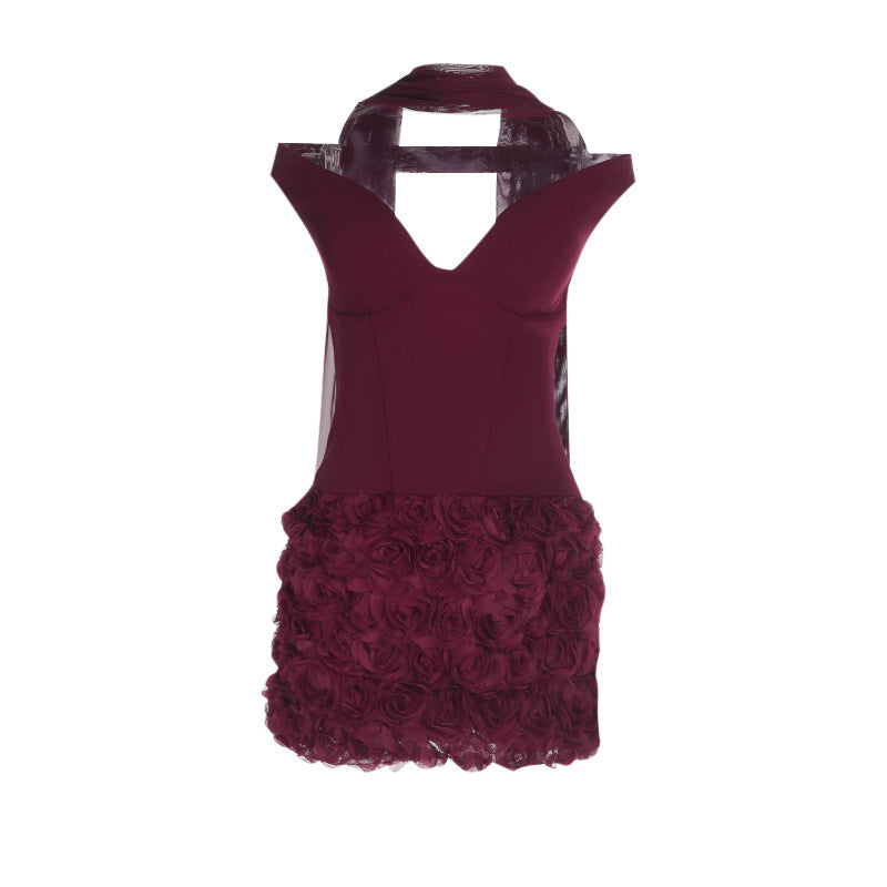 Off shoulder flower applique zip-up mini dress