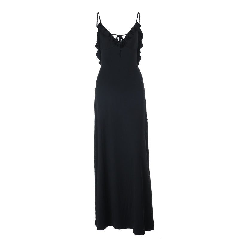 Self tie ruffle v neck backless cami maxi dress