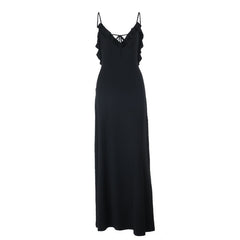 Self tie ruffle v neck backless cami maxi dress